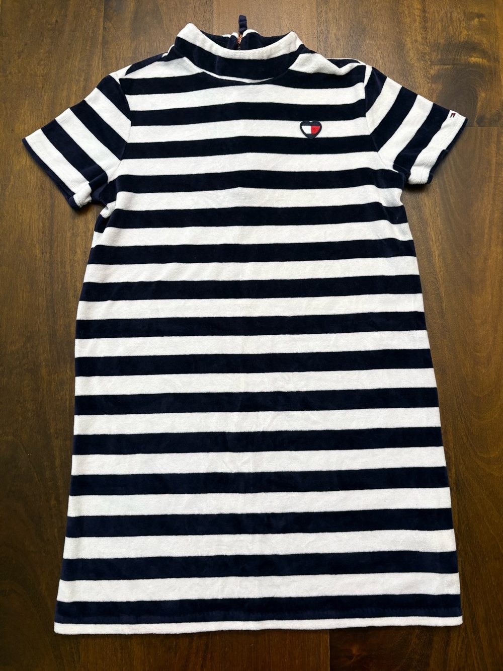 Tommy Hilfiger Girls Navy/White Striped Terry 1/2 Zip Heart Mock Neck Dress 12